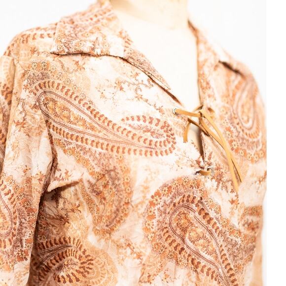 Vintage Y2K Boho Blouse M, Brown Cream Paisley Sheer Lace-Up V-Neck Hippie Shirt - Picture 6 of 13